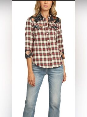 R13 Plaid Western-Style Button-Up Shirt with Floral Yoke